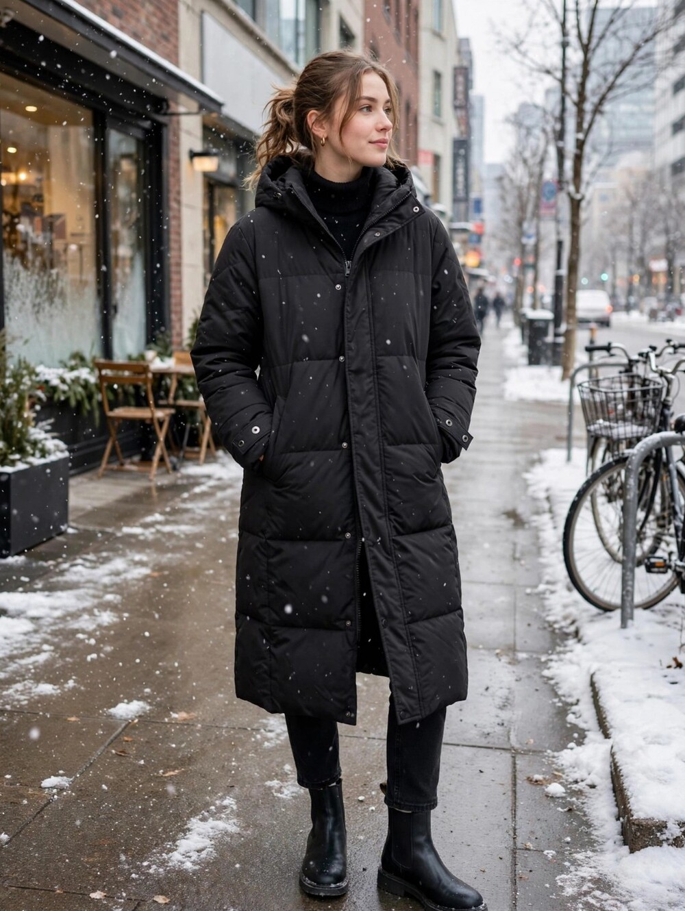 Women's Black Long Hooded Puffer Coat Winter Jacket | Size XS